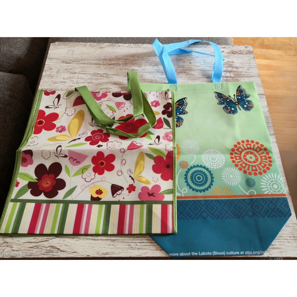 St Joseph's Indian School Lakota Sioux Reusable Tote Bags Lot 2 Floral Butterfly
